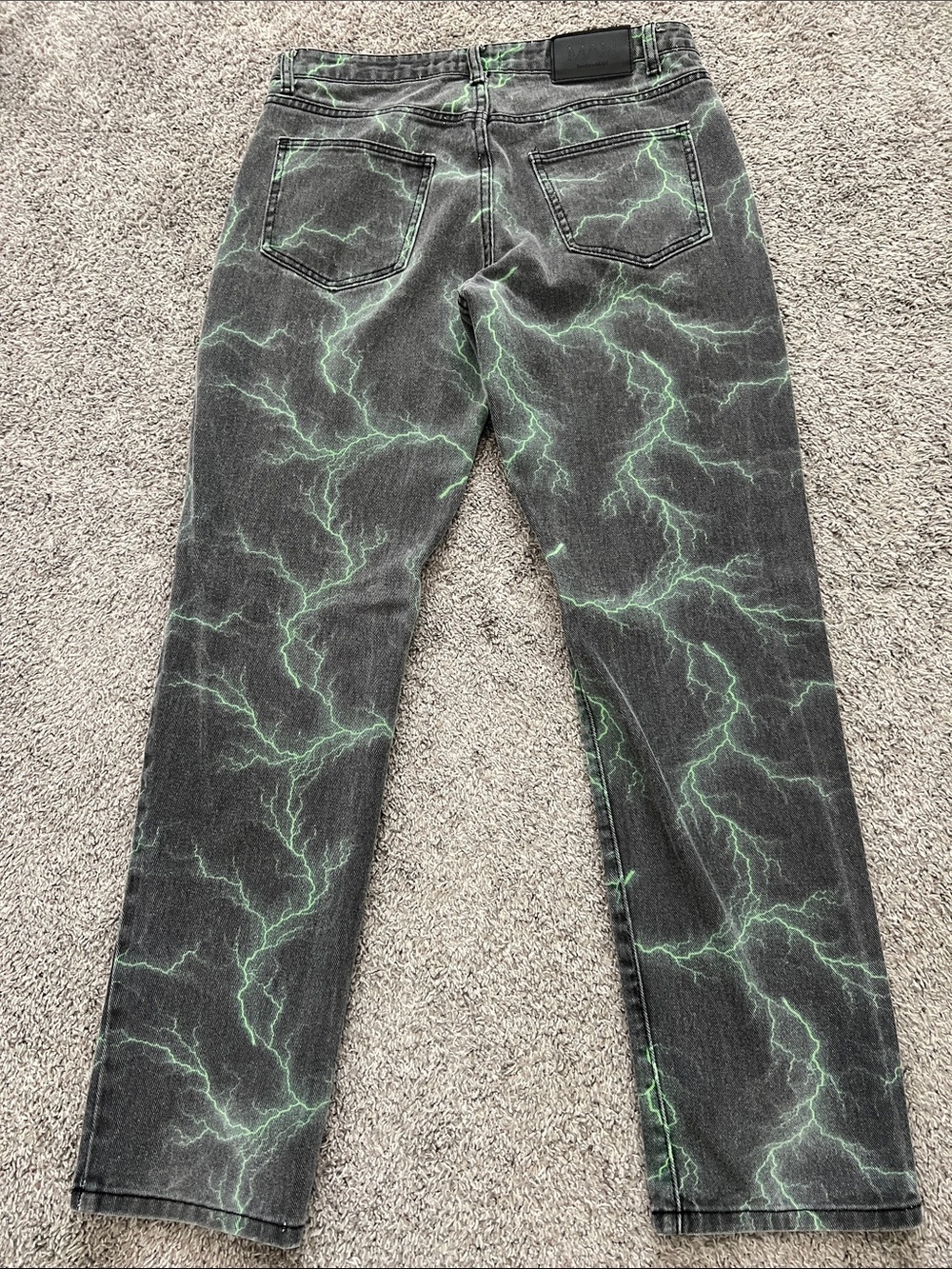 BooHoo Man Lightning Bolt Black Denim Jeans with Neon Green Accents - Size 32R - Picture 3 of 11